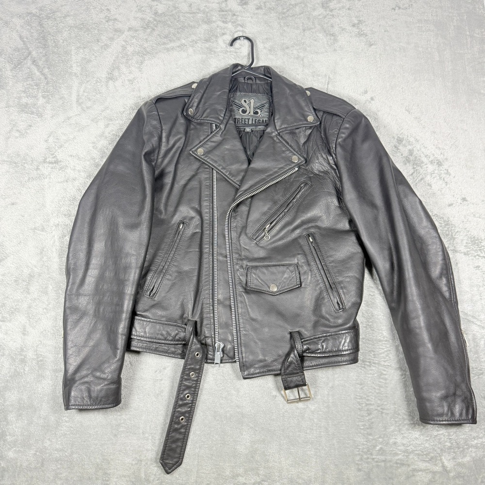 Vintage Street Legal Mens 38 Leather Biker Jacket Black Asymmetric Belted Moto